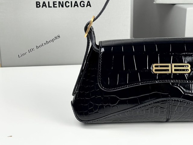 Balenciaga專櫃2022爆款小號鱷魚黑金全皮肩背包 巴黎世家翻蓋腋下包 fyj1536